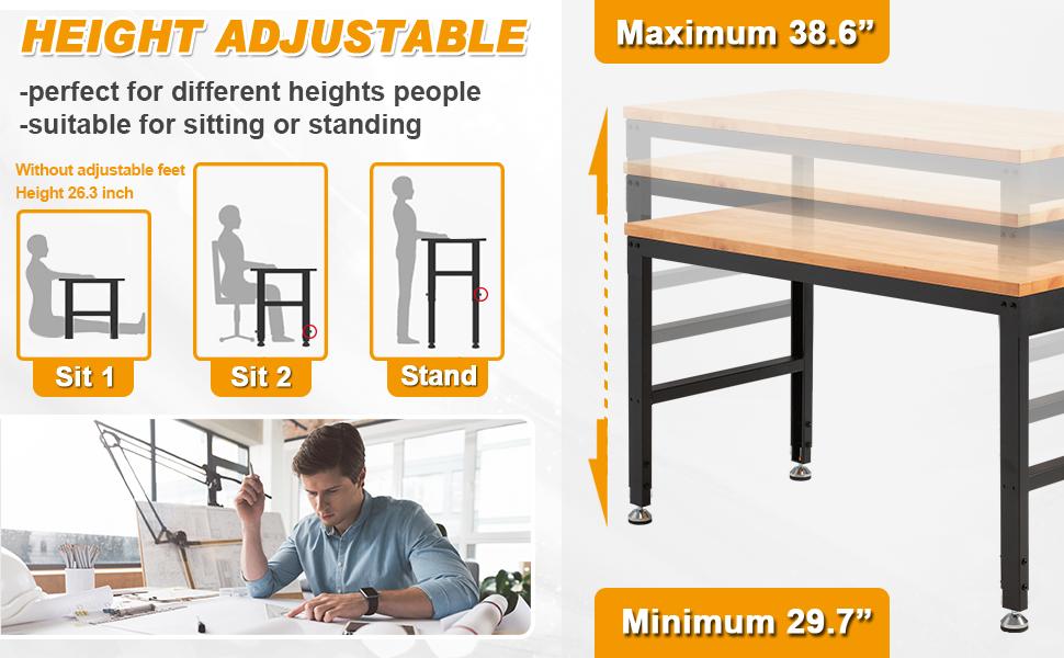 Height Adjustable Workbench 60" 2000 Lbs Capacity Solid Wood Work Station Heavy-Duty Work Tables with Power Outlets for Garage Party Shop Office