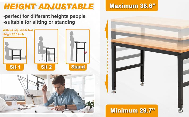 Height Adjustable Workbench 60" 2000 Lbs Capacity Solid Wood Work Station Heavy-Duty Work Tables with Power Outlets for Garage Party Shop Office Height Adjustable Workbench 60" 2000 Lbs Capacity Solid Wood Work Station Heavy-Duty Work Tables with Power Outlets for Garage Party Shop Office