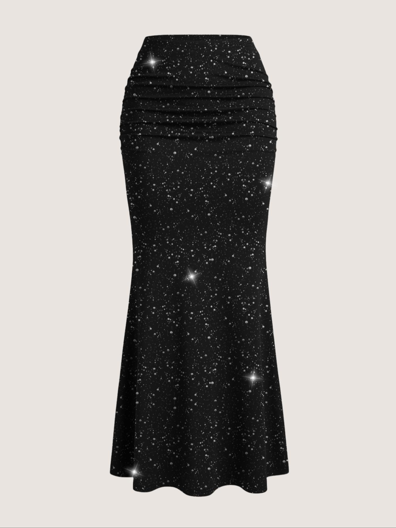 Women's Starry Skirt Fashion Slim Fit Sequin Galaxy Pleated High Waist Bodycon Mermaid Long Dress