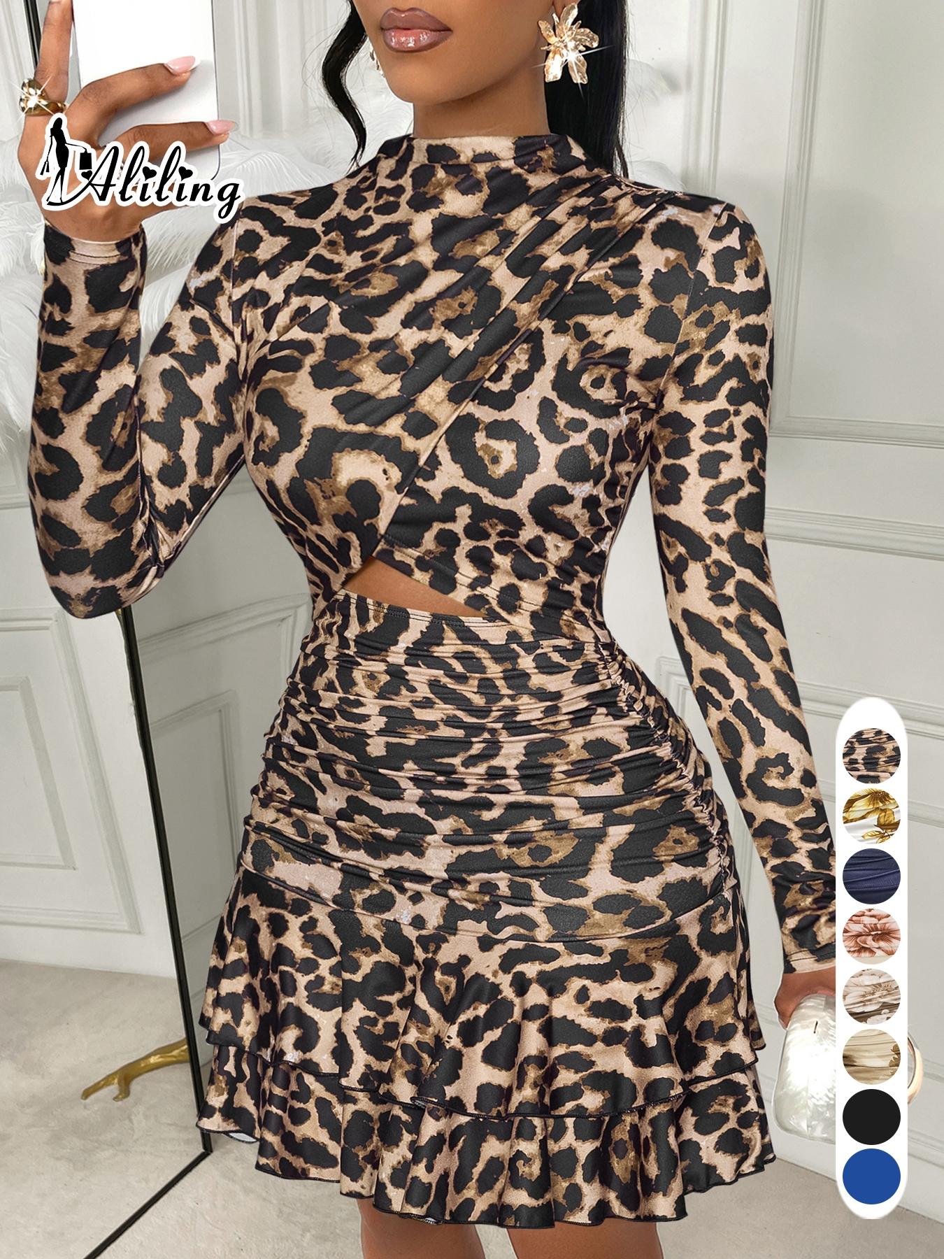 Aliling Women's Elegant Floral Print Dress with Stand Collar, Long-Sleeve Hollow-Out Design and Ruffled Hem, Fall Fashion Mini Dress for Parties