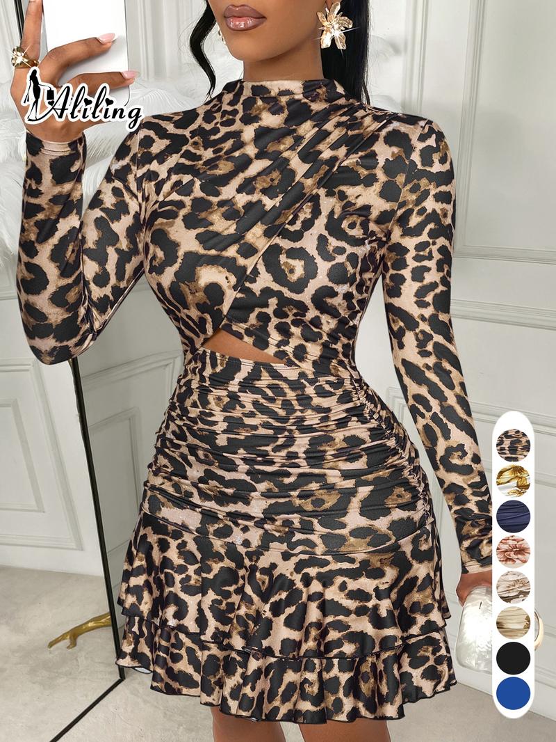 Aliling Women's Elegant Floral Print Dress with Stand Collar, Long-Sleeve Hollow-Out Design and Ruffled Hem, Fall Fashion Mini Dress for Parties