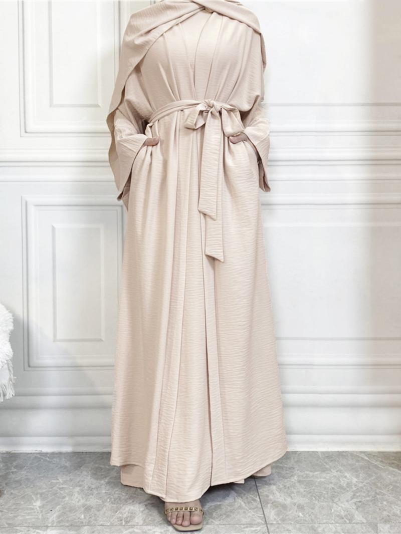 Fashion Muslim Set Turkish Dubai Pure Color Women's 2-Piece Dress with Belt Vest Cardigan Long Robe Set, Spring & Fall Modest Style