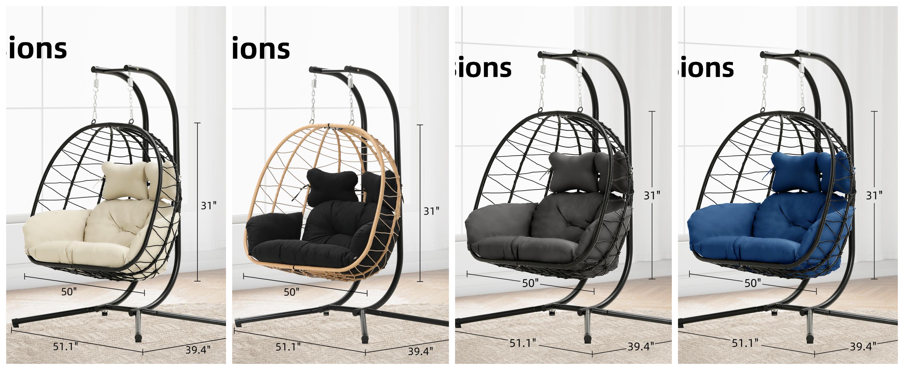 Double Egg Swing Chair with Stand- 600/700 lbs Weight Capacity, Outdoor Indoor Wicker Rattan Hanging Egg Chair with Cushion, Porch Swing Patio Furniture