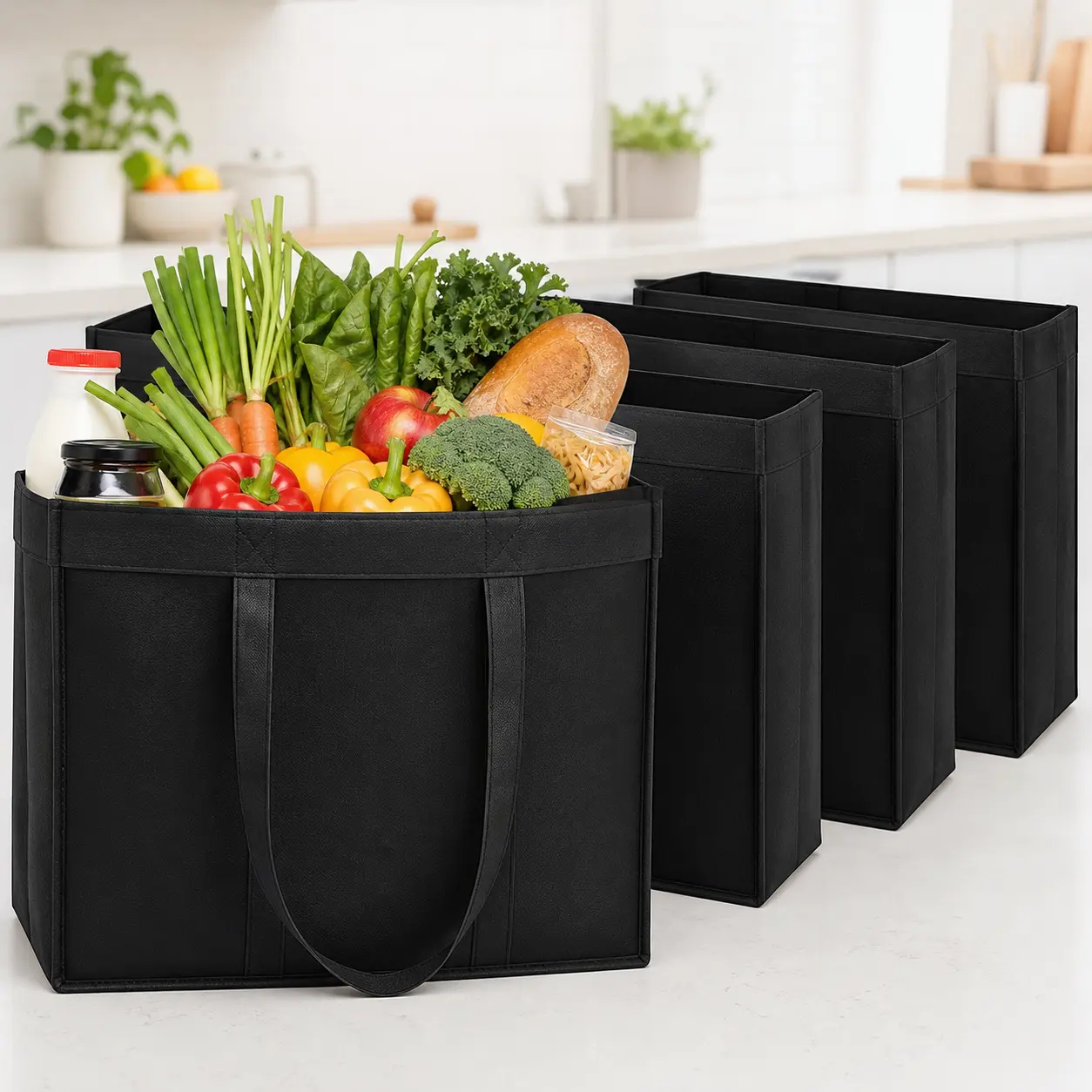 Reusable Grocery Bags 4 Pack, Heavy Duty Non-Woven Shopping Tote Bags with Reinforced Handles, Large Capacity Water-Resistant Grocery Bags for Supermarket, Storage & Custom Gifts