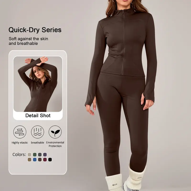 Women's Breathable Sporty Workout Yoga Set, Tight-Fitting High Waist Pants & Long Sleeve Jacket for Fall & Winter, Clothes Set for Gym Outdoor Running, Solid Sports Sets, Activewear Running Outfits, Sporty Style Outfits, Fitness Outfits