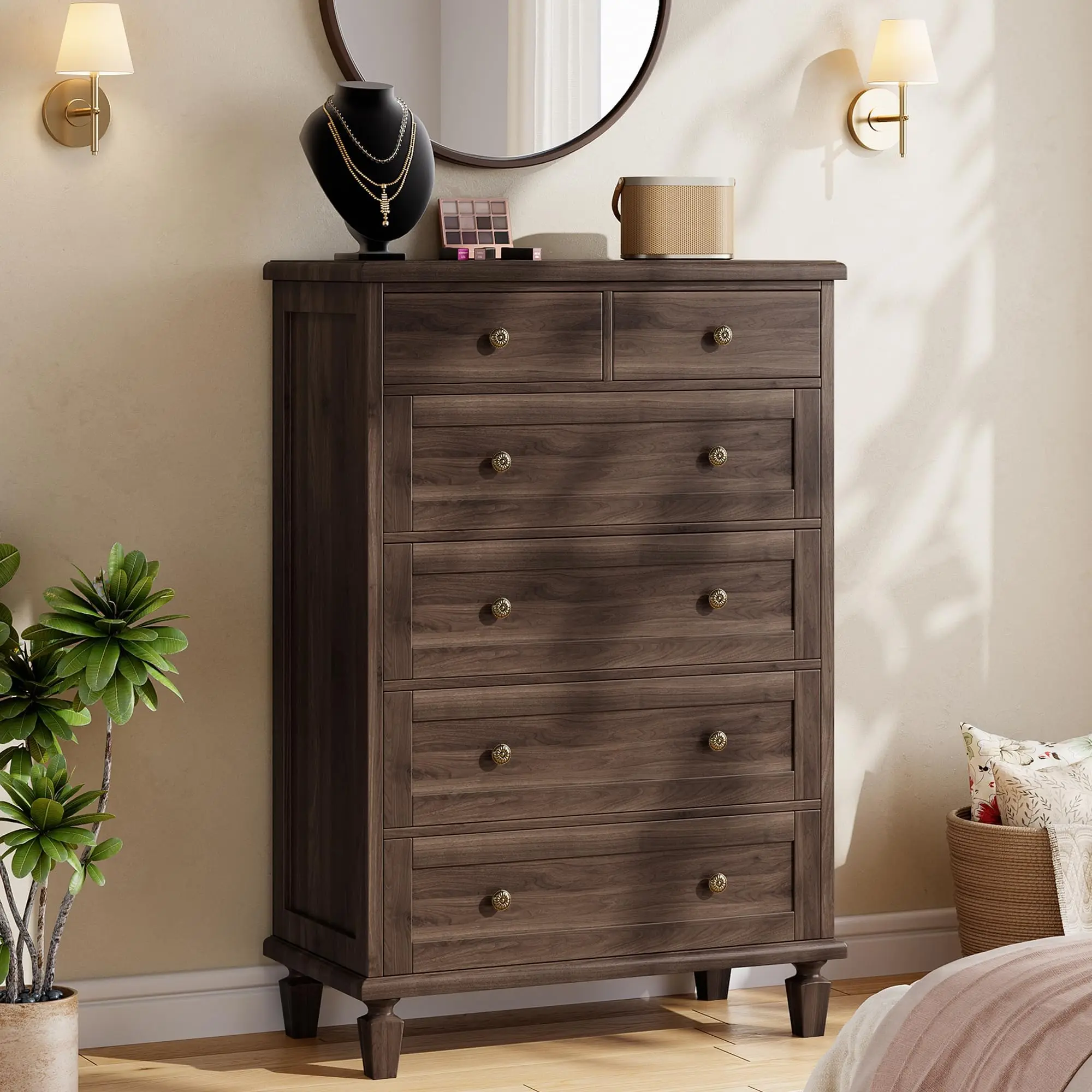 - Cómoda clásico de 6 cajones para recámara, cómoda de Madera Alta con Soporte de Patas cónicas, cómodas y cómodas para Sala de Estar, café Oscuro
