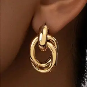 1PC 18K Gold-Tone Interlocking Oval Link Drop Earrings – Classic Statement, Lightweight. Perfect for Daily, Office & Parties. Great Gift for Elegance Seekers.