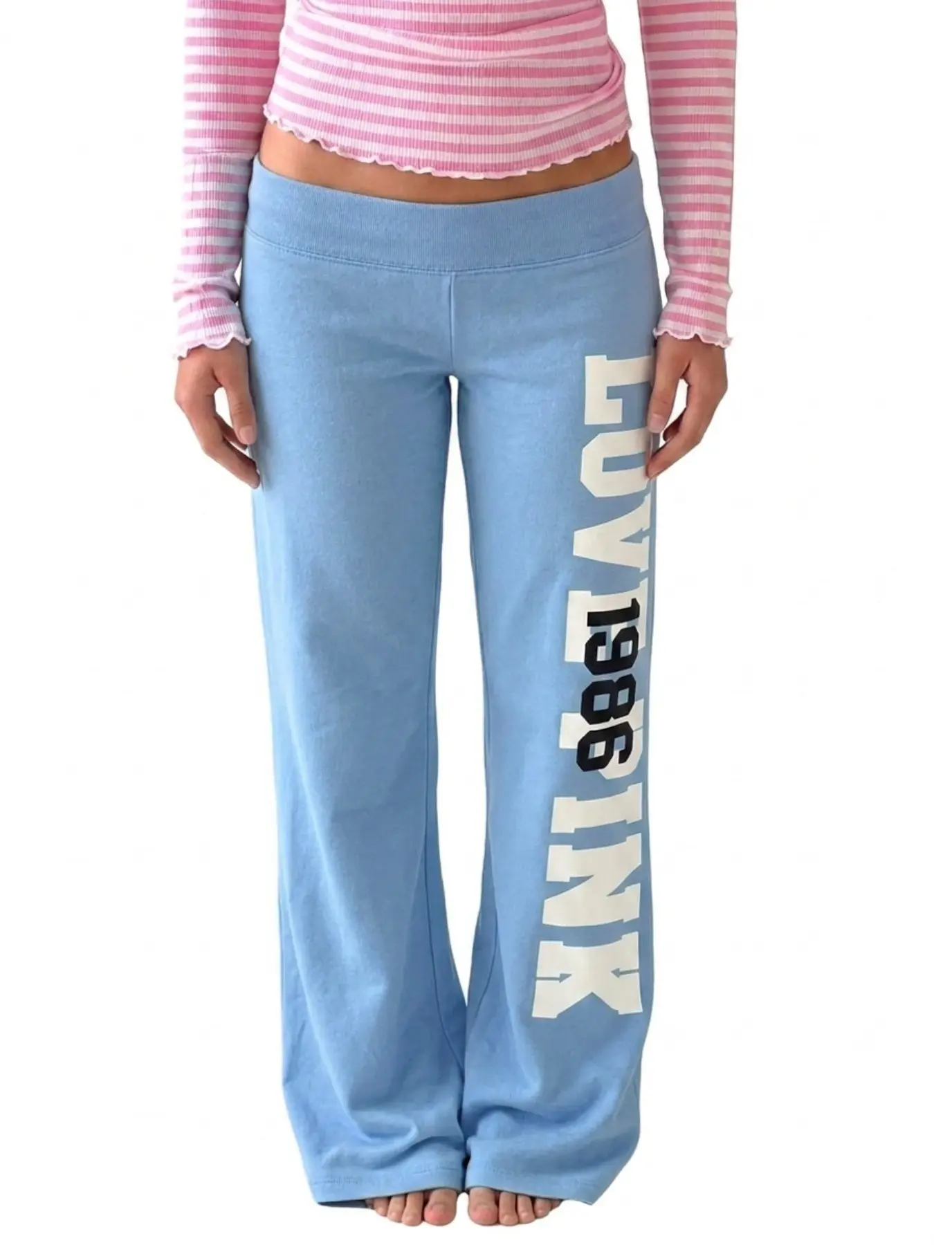 Y2K Women Lake Blue Vertical 1986 Letter Print High Waist Wide Leg Sweatpants Elastic Drawstring Loose Baggy Floor Length Jogger Pants Hip Hop Streetwear Casual Oversized Sport Trousers