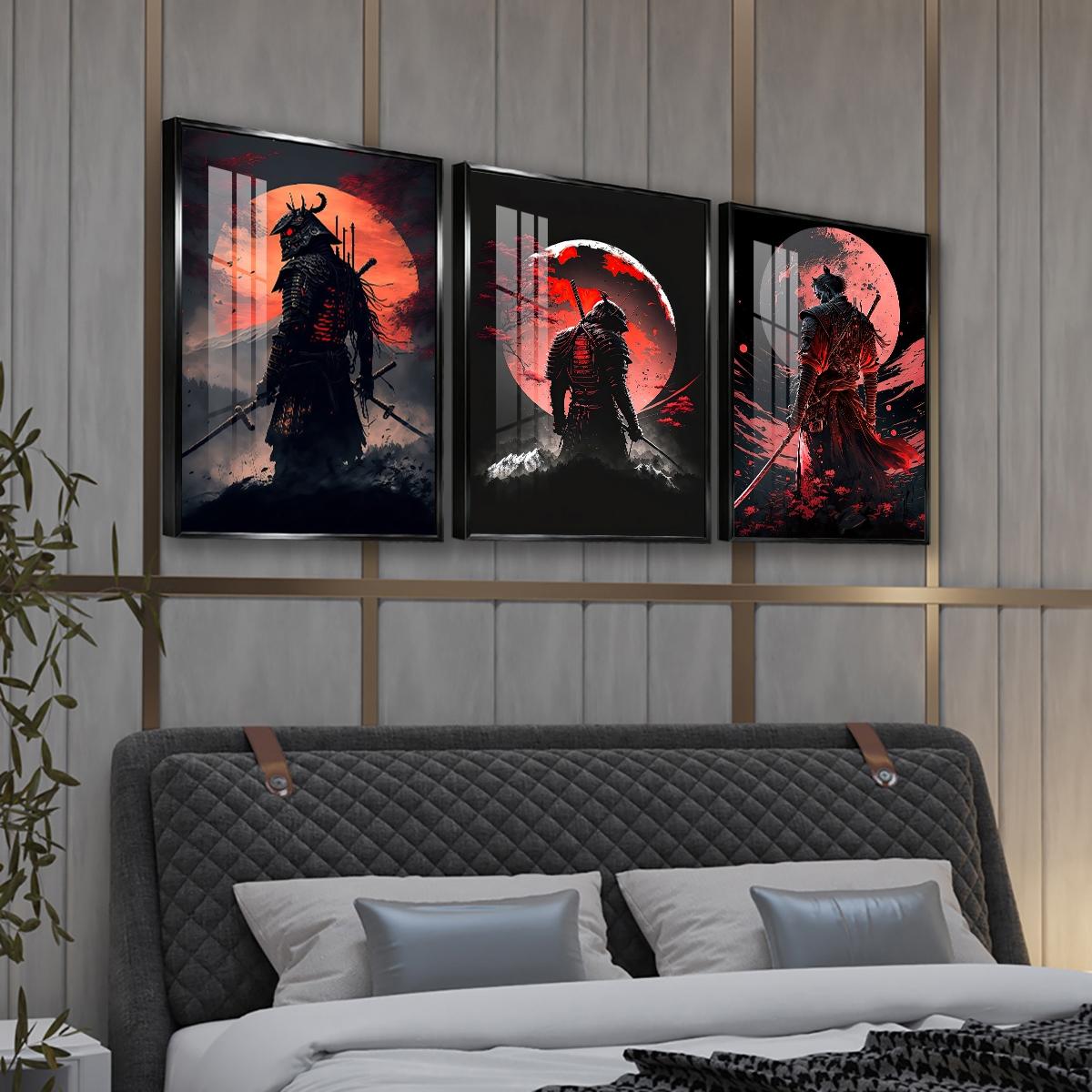 3 Counts Aluminum Alloy Framed Painting, Samurai Warriors Under Red Moon Artwork, Home Decoration For Living Room, Bedroom, Office, Restaurant, Hallway Wall Decor, Odorless Print Artwork, Luxury Perfect Gift For Friends And Family