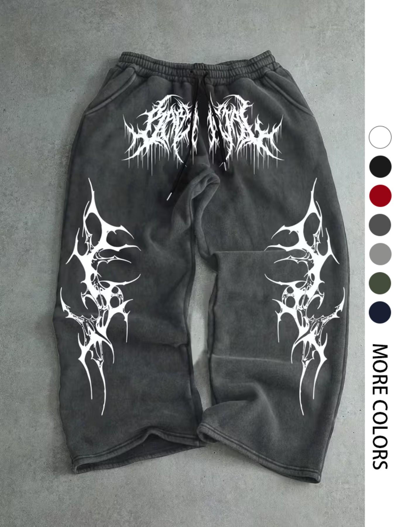 Men's Casual Sport Pants, Fringe Thorn Pattern Print Sweatpants, Drawstring Wide Leg Leisure Long Pants, Suitable for All Seasons