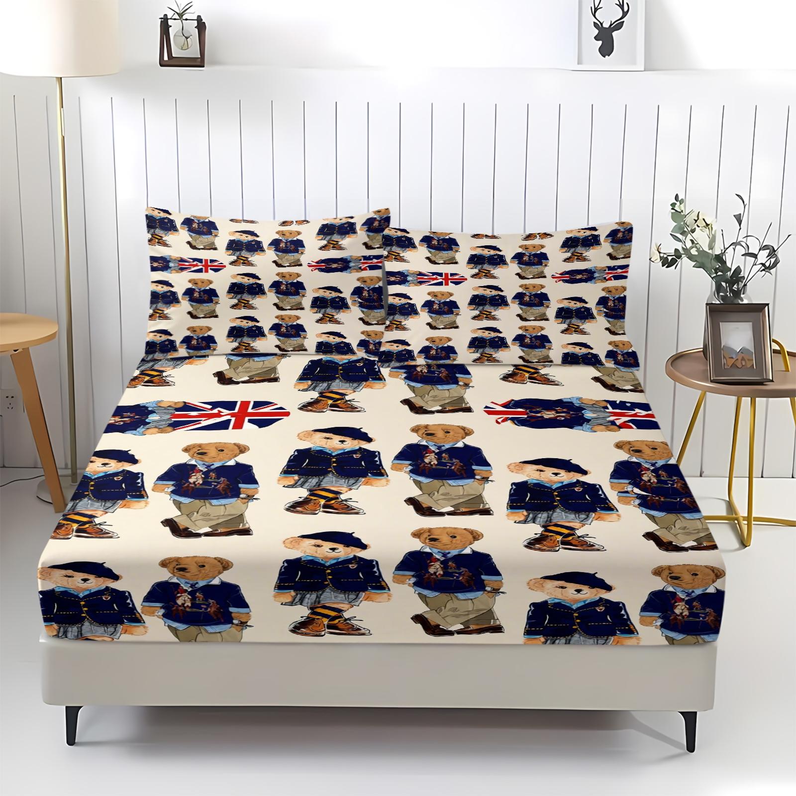 Teddy Bear Pattern Bed Sheet, Comfortable Printed Pattern, Includes 1 Bed Sheet and 2 Pillowcases, Comfortable Bedding, Non slip Dust Cover Suitable for Bedroom and Guest Room, Suitable as a Gift for Children or Adults, Bed Sheets Set