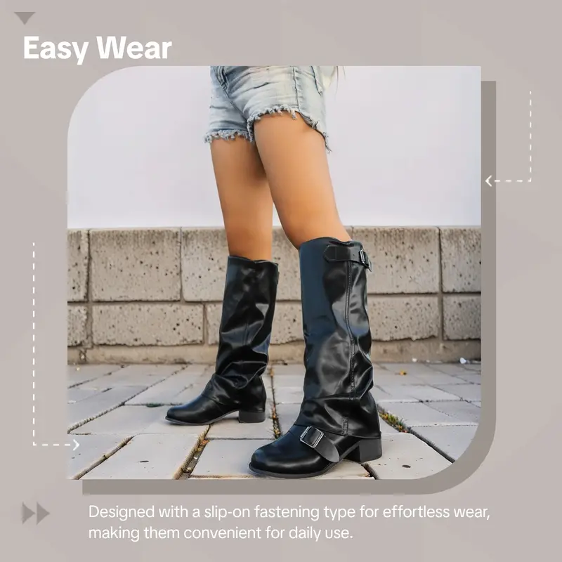 Women's Fashion PU Leather Low Heel Long Boots, Casual Ruched Motorcycle Boots, Western Style Biker Boots, Cowgirl Boot Women's Fashion PU Leather Low Heel Long Boots, Casual Ruched Motorcycle Boots, Western Style Biker Boots, Cowgirl Boot