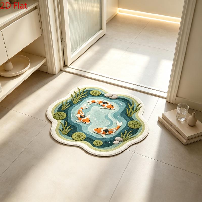 Koi & Lotus Pond Pattern Plush Area Rug, Home Decor Rugs, Decorative Rug, Special-Shaped Non-Slip Washable Floor Mat for Bedside, Sofa and Coffee Table, Bedroom Rugs