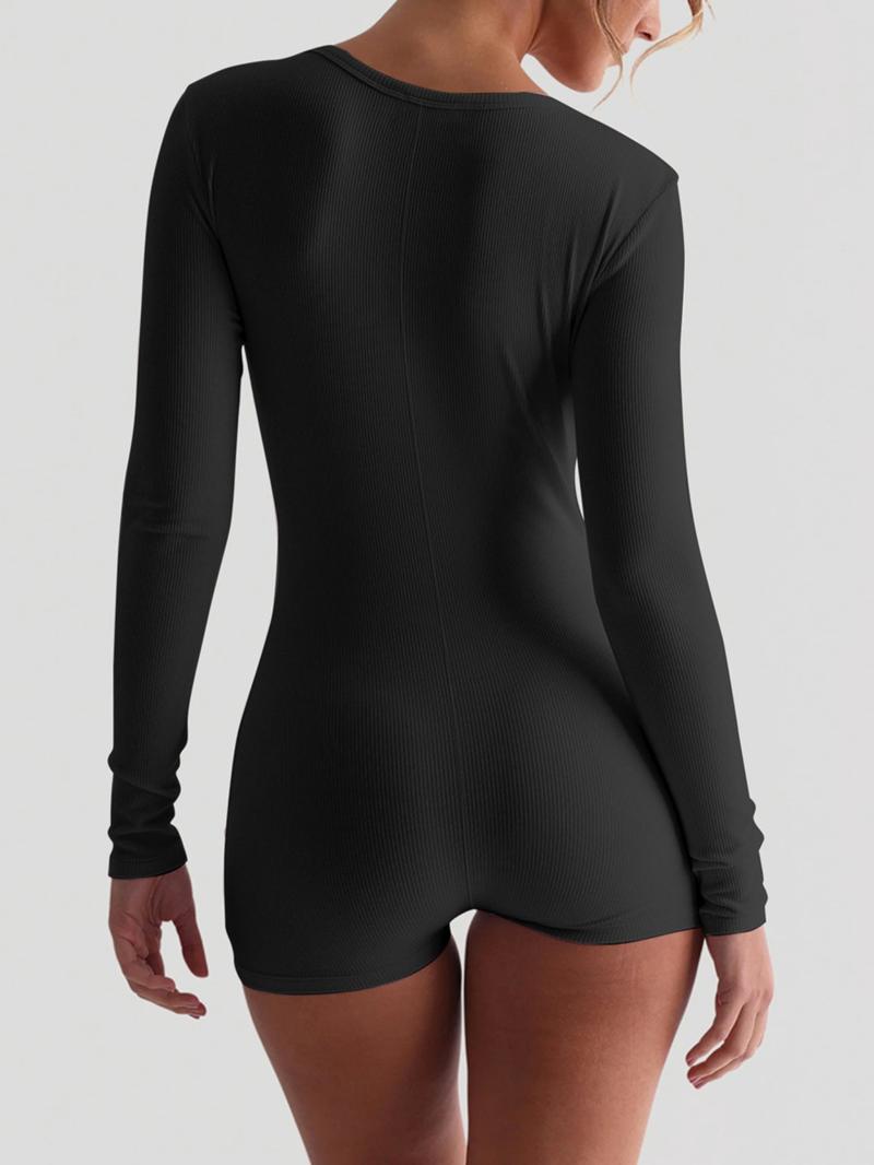 Women's Plain Button Front Ribbed Romper, Casual Long Sleeve Skinny Romper for Spring & Fall, Women's Clothes for Daily Wear