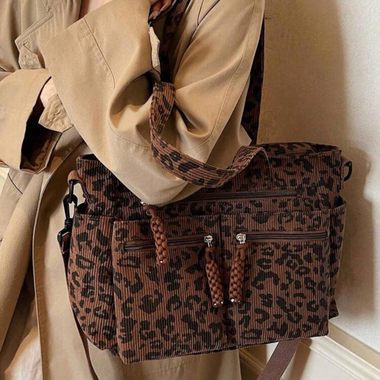 1pc Leopard Print Corduroy Tote Bag for Women, Fashion Large Capacity Multi-Pocket Casual Shopping Bag, Laptop Tote, Detachable Adjustable Shoulder Strap, Suitable for Travel, Business, Campus, Party, Gift