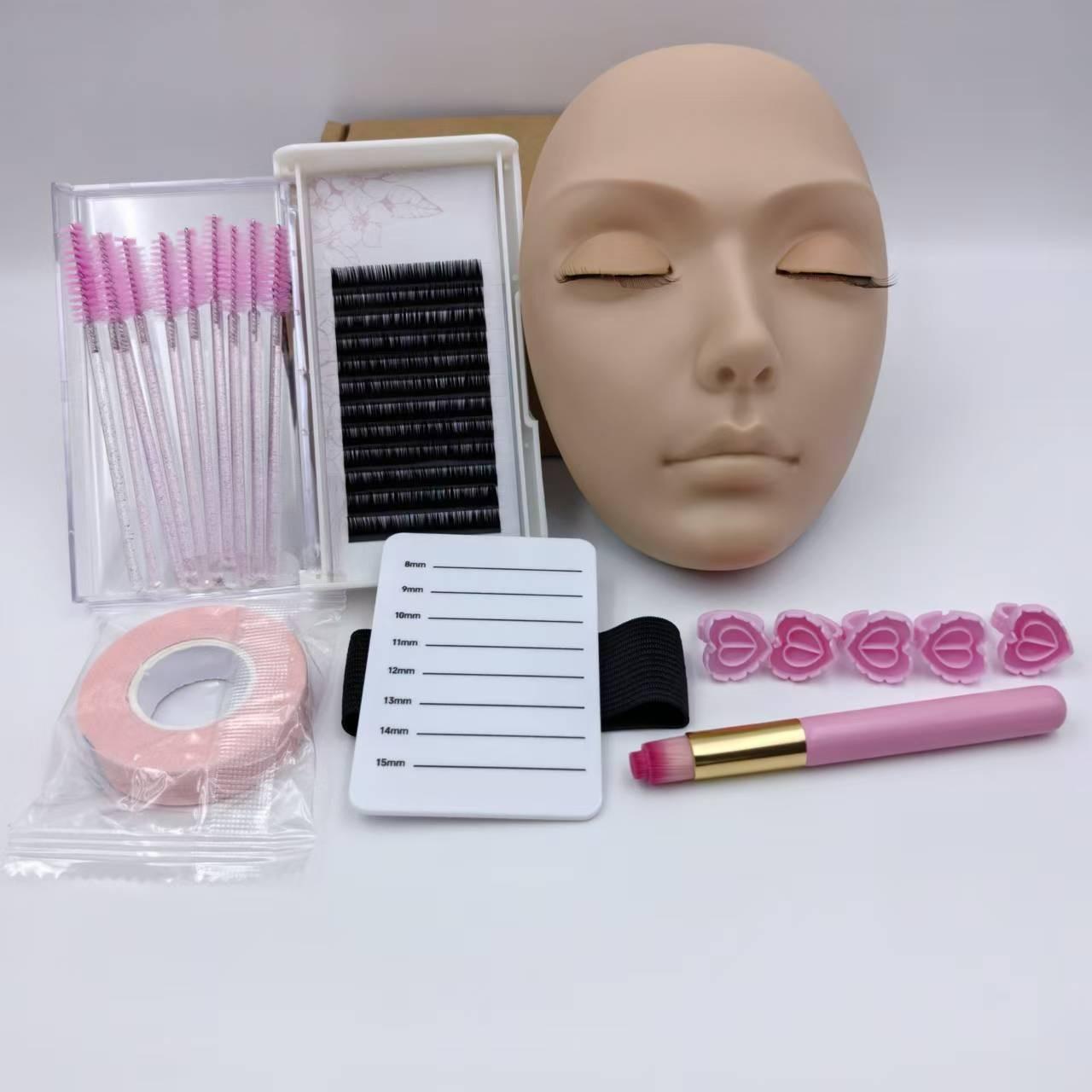 Portable False Eyelash Cosmetic Practice Set with Head Model, Eyelash Box, Adhesive Tape, Eyelash Glue, Mousse Brush, and Rings, Ideal for Eyelash Application Training