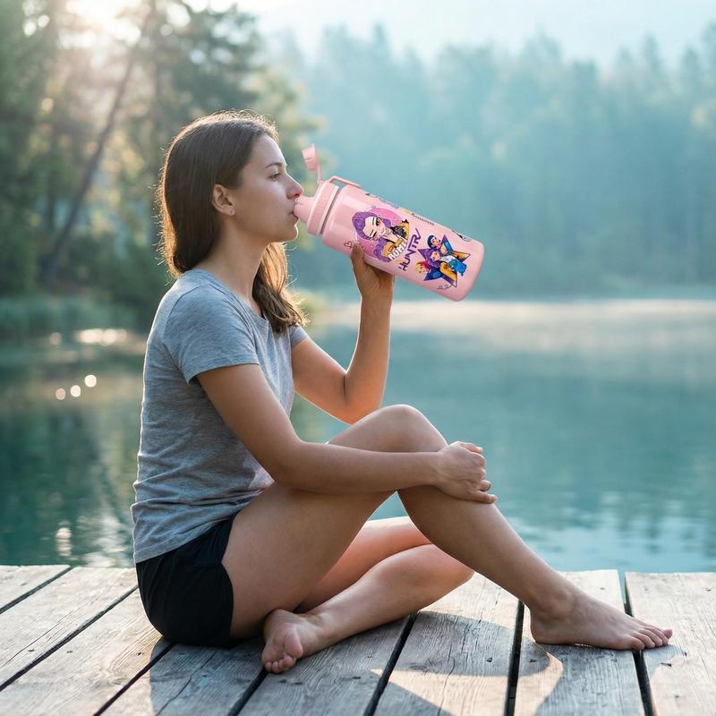 K-Pop Ghost Hunter Theme Totem Water Bottle with Lid and Straw, Reusable Hard Plastic, 1000ML Eco-Friendly, Perfect for School, Travel, Halloween Party