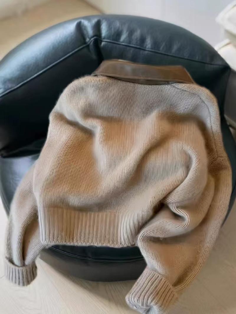 Fashion Casual Leather Collar Zipper Short Knit Cardigan Jacket, Long Sleeve Loose-Fitting Colorblock Design for Fall & Winter