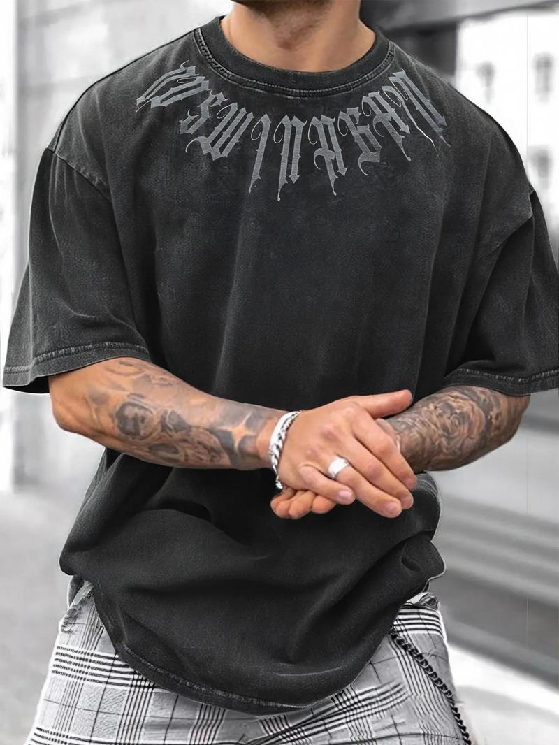 Men's Casual Sporty Short Sleeve Shirt, Gothic Letter Print, Comfortable Round Neck Tee for Outdoor Gym Streetwear Athletic T Shirt