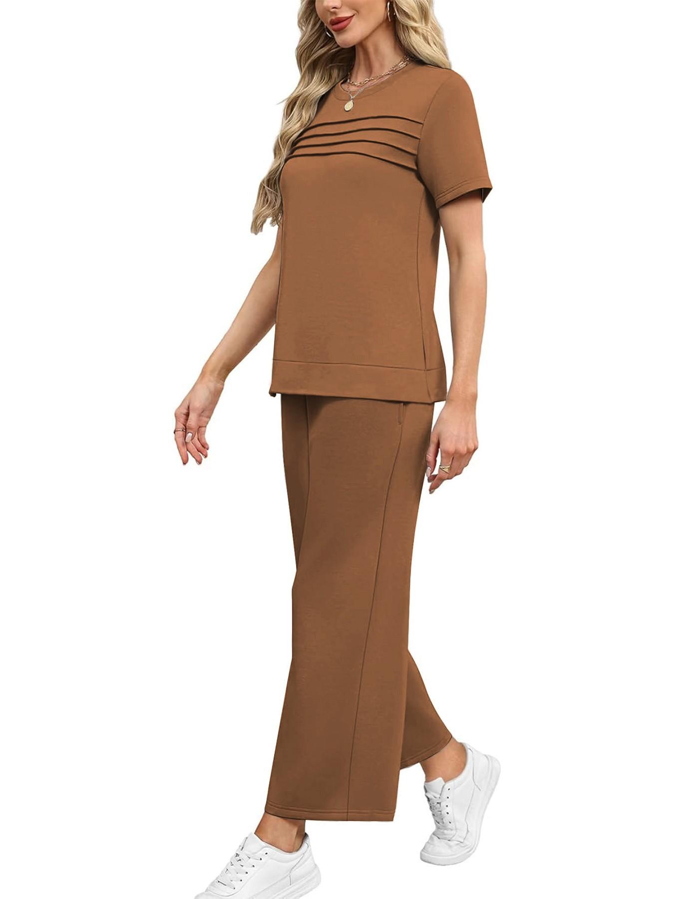 Women's 2-Piece Casual Fit Short Sleeve Pajama Set, Breathable Top + Drawstring Pants with Pockets, Fashionable for Home & Office, Loungewear, Casual Pajamas Set
