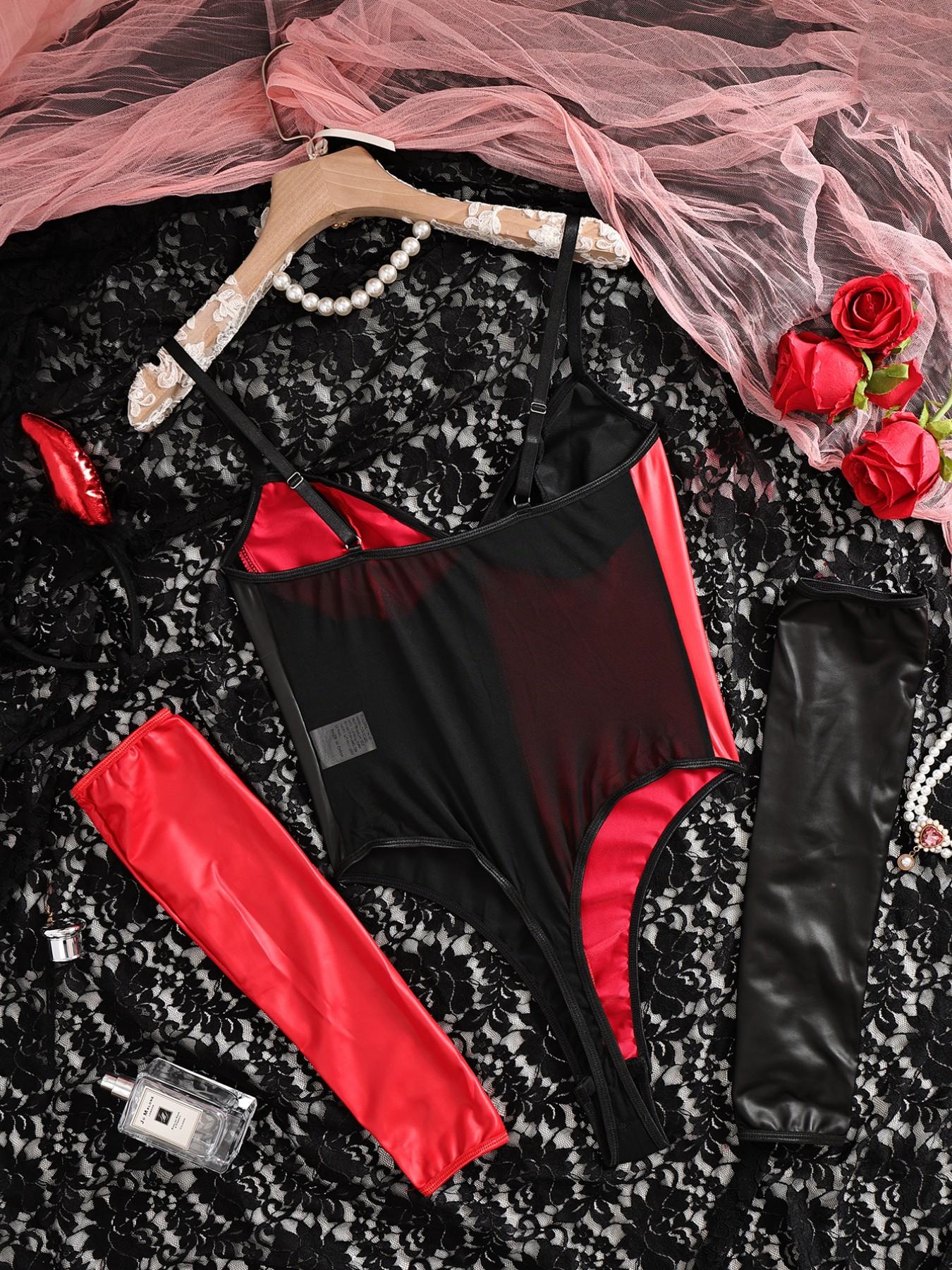 Halloween Devil 3-Piece Set Lingerie, PU Leather Bodysuit with Gloves and Horn Headband, Sexy Slim-Fit Patchwork Cosplay Costume