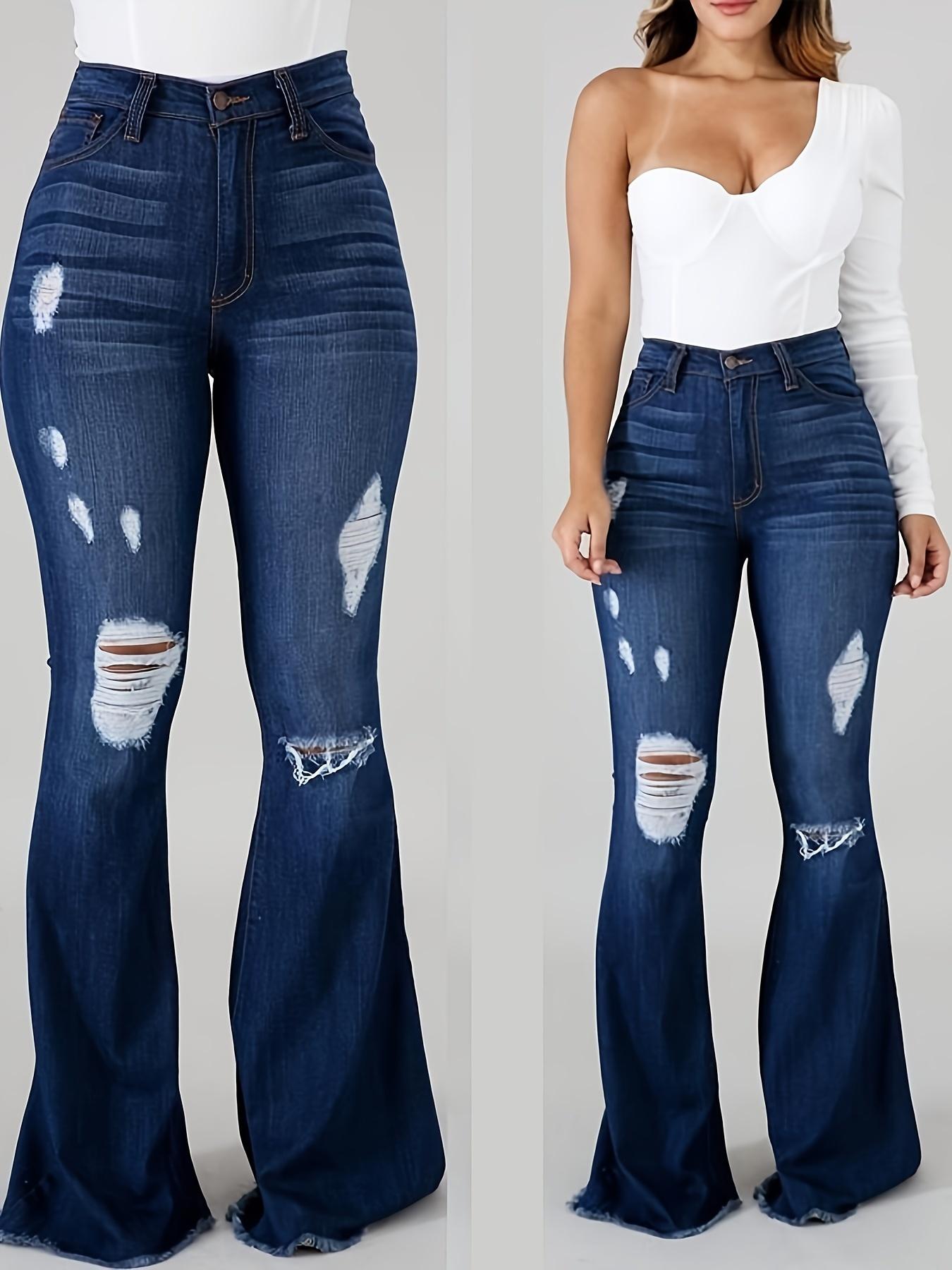 Women's Flared Pants High Waist Hole Slim Classic Flared Pants High Stretch Jeans Denim Comfort Basic Streetwear Minimalist Blue Womenswear Bottom Trouser Fitted Casual Vibe Style