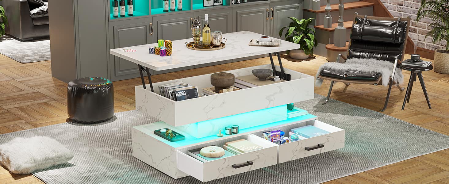 SEDETA 40-inch Faux Marble Rectangular Coffee Table with Drawers & LED Lights Living Room Furniture Foldable Height Adjustable Storage Compartment