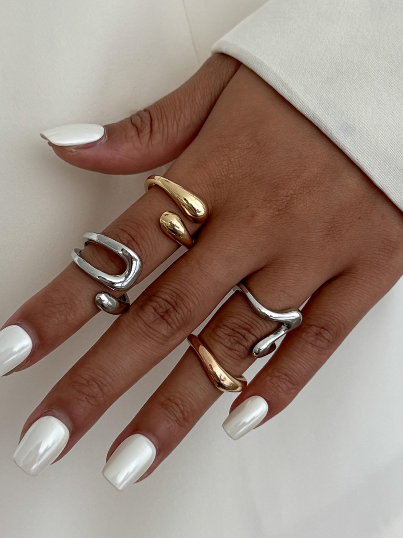 Women's Hip-Hop Style Geometric Joint Ring Set, Solid Zinc Alloy, Sexy Design, Four-Piece Jewelry Kit, All-Season Accessory