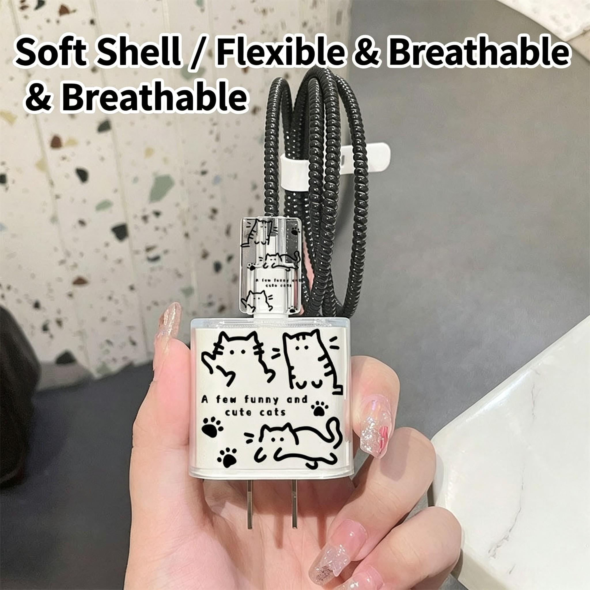 Cute Cat Charger Protection Set, Transparent Case with Paw Print Design, Spiral Cable Protector, iPhone 18w 20w PD Charging Accessories