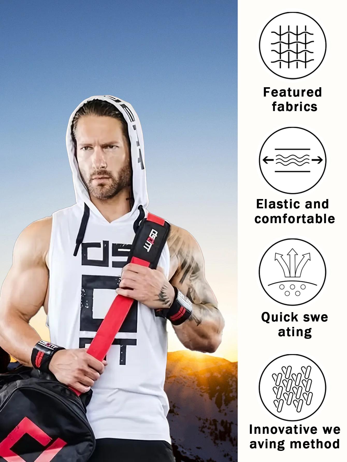 Men's High Stretch Quick Dry Hooded Gym Tank Top - Breathable Sleeveless Gym Shirt with Bold Monogram Print, Moisture Wicking Basketball Running Casual Wear, Machine Washable, Casual Athletic Wear |Outdoor fun，Gym Accessories Workout ClothesFathersdaygift