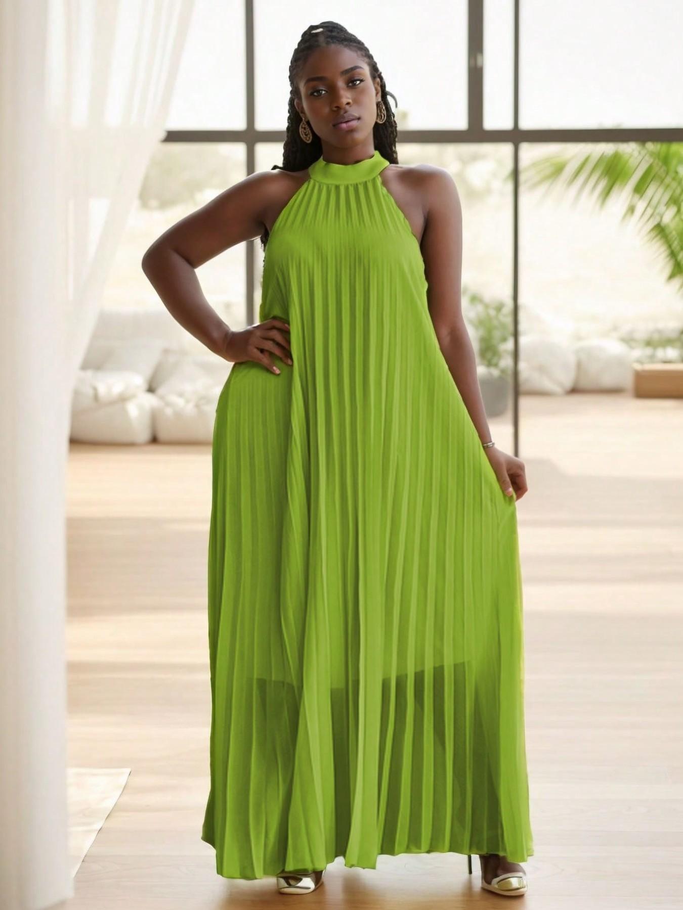 Women Plus Size Sleeveless Halter Neck Pleated Maxi Dress, Casual Loose Long Sundress for Party Vacation, Multi Color Options