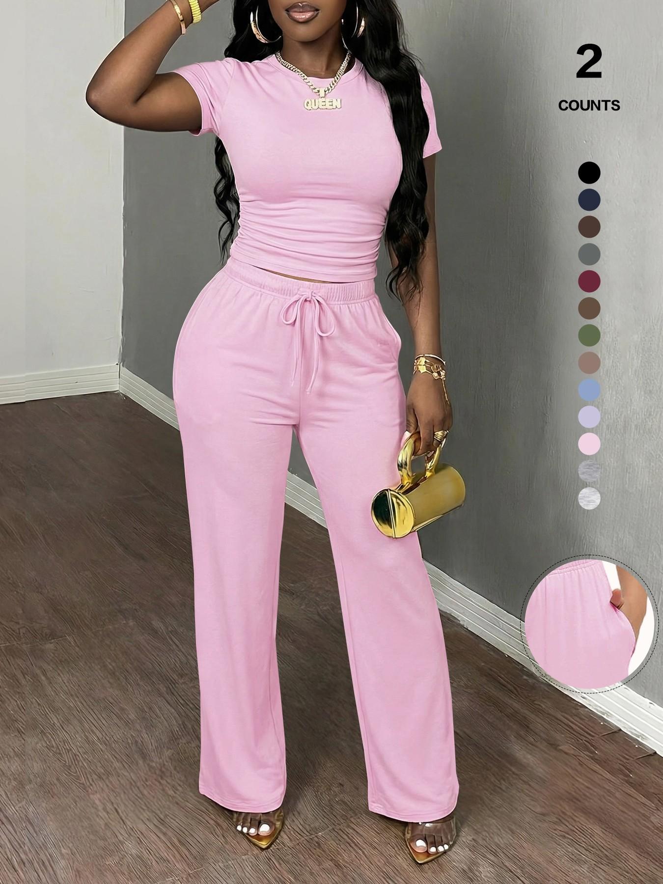 Women's Spring Summer Casual Set, Round Neck Short Sleeve Top & Wide Leg Pants, Slim Fit Home Wear, 2 Piece Comfortable, Casual Fashion Set