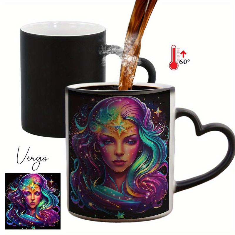 1pc Twelve Zodiac Signs Magic Color-Changing Mug with Heart-Shaped Handle & 12 Constellation Design - Temperature-Sensitive Cup, Drinkware, Coffee Mug, Coffee Mugs