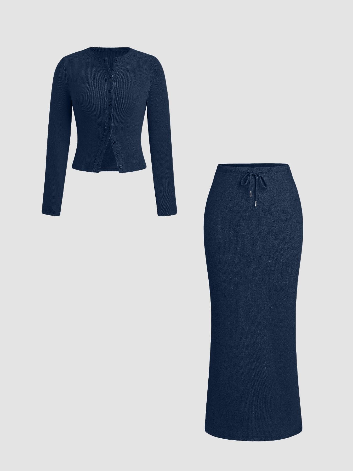 Women's Slim-Fit Long Sleeve Knitted T-Shirt Set, Elegant A-Line Skirt, Spring & Fall Fashion, Basic Style, Moderate Fabric