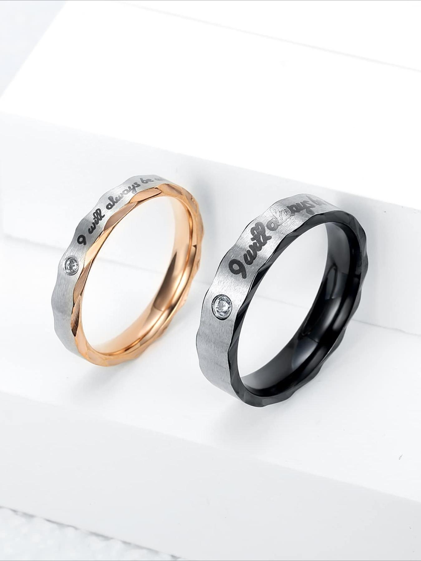 Light Luxury Romantic Engraved Zircon-Set Couple's Bands in Stainless Steel, Durable and Wear-Resistant, Zircon Accents with Romantic Engravings, A Romantic Keepsake for Couples