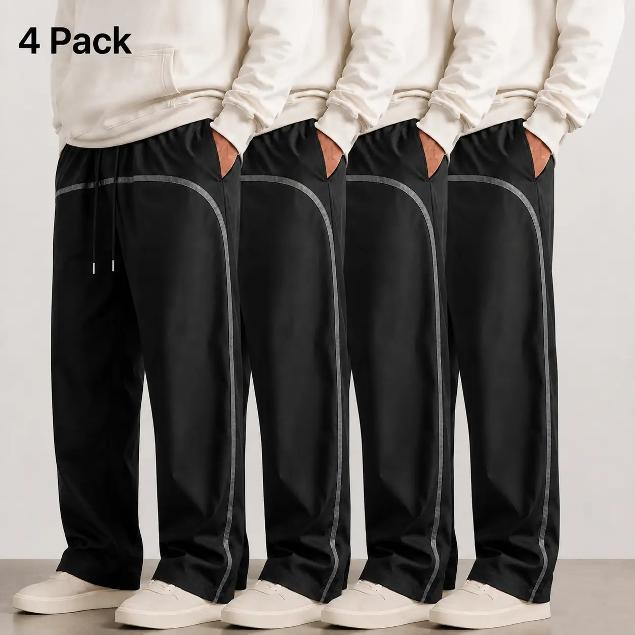 Male 4-Pieces Black Jogger Pants, Loose-Fit Gym Wear with Elastic Waist, Adjustable Drawstring, Side Pockets, Contrast Stripe, Soft Polyester Spandex, Athletic Look Casual Sweatpants for Gym, Lounge, S-2XL