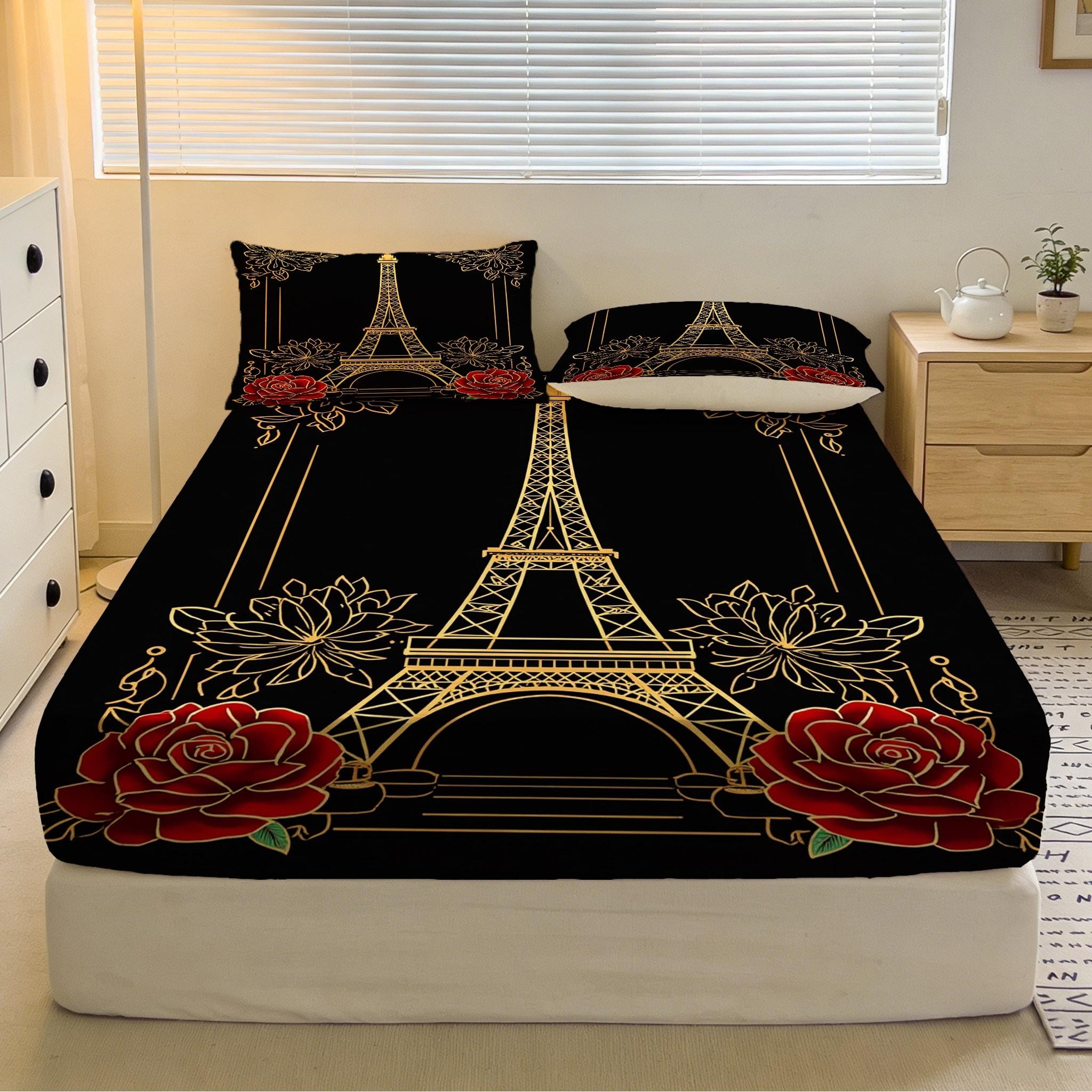 2/3 Pcs Paris Tower,Rose Theme Pattern Bedding Fitted Sheet Set(1* Fitted Sheet+1/2* Pillowcase,core Free),machine Washable,zipper Seal,multiple Sizes Suitable For All Seasons,suitable For Bedrooms,perfect Gift Festivals