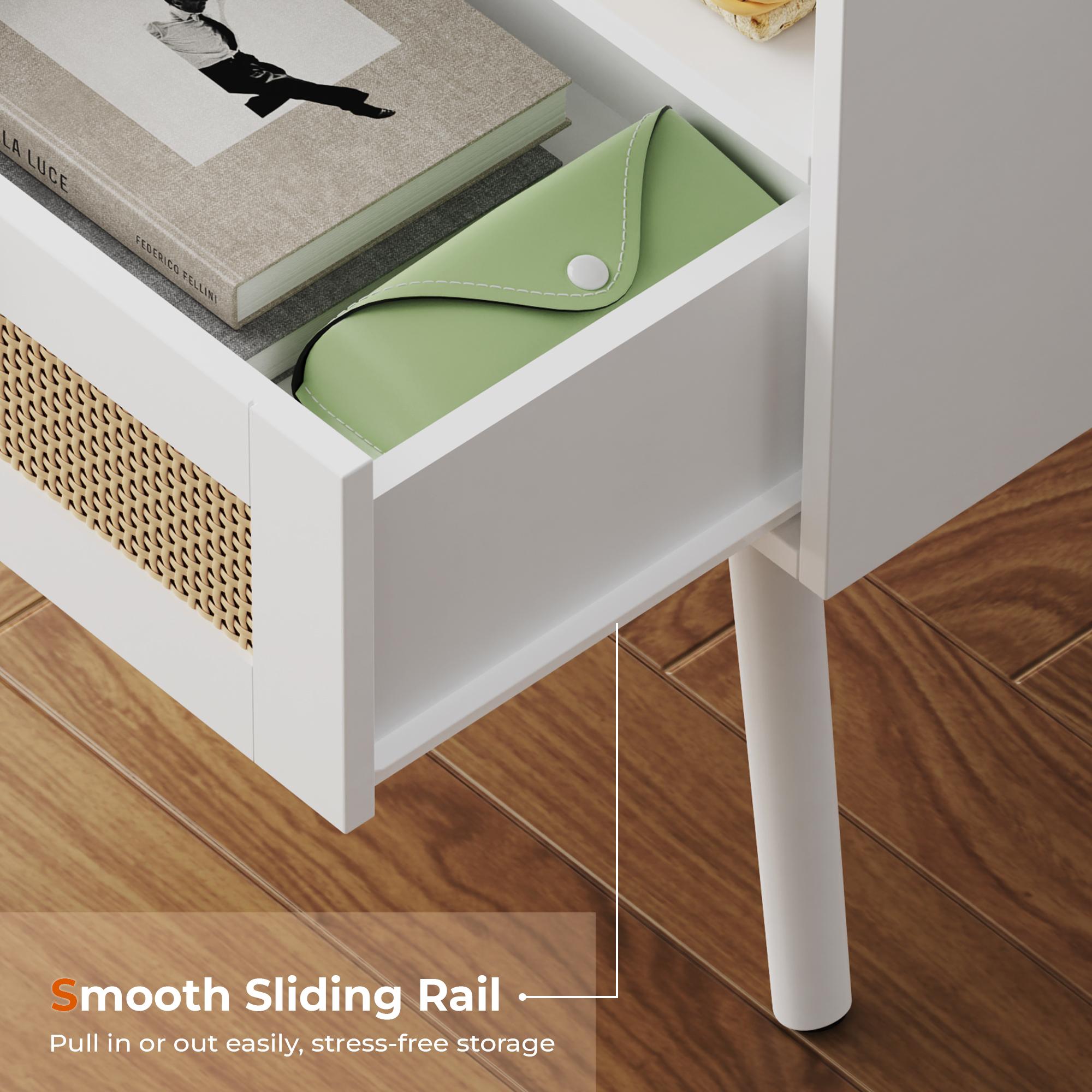 SUPERJARE Nightstands Set of 2, Night Stands with Charging Station & PE Rattan Decor Drawer, Bed Side Tables with Solid Wood Feet, End Table, for Bedroom, Living Room SUPERJARE Nightstands Set of 2, Night Stands with Charging Station & PE Rattan Decor Drawer, Bed Side Tables with Solid Wood Feet, End Table, for Bedroom, Living Room