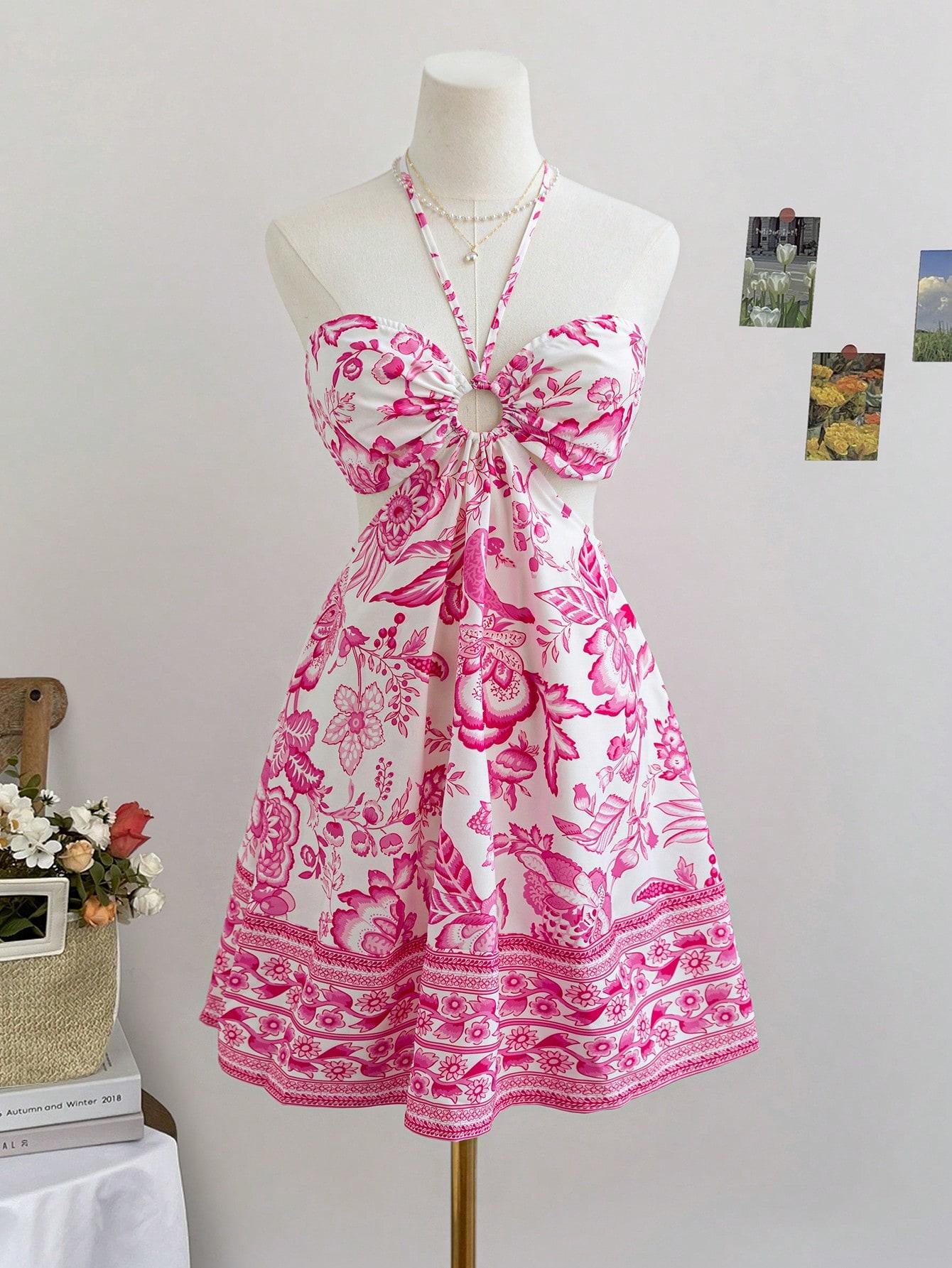 Spring Floral Halter Flowy A Line Dress Cut Out Smocked High Waisted Short Vacation Dress Sundresses