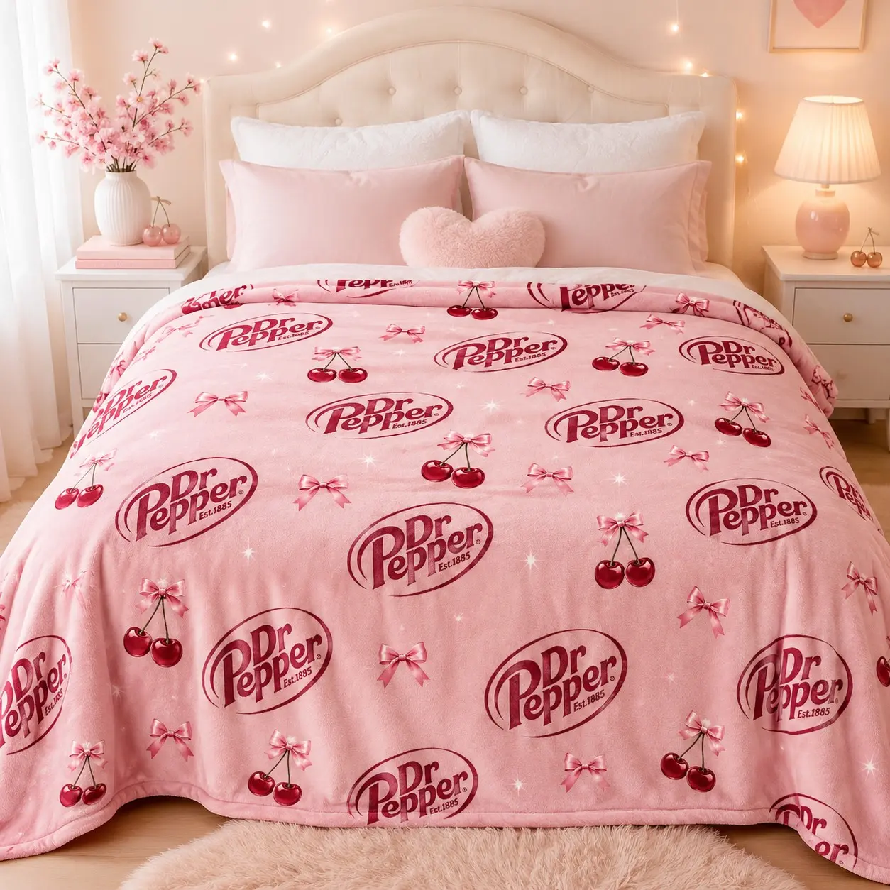 Dr Pepper Pink Cherry Bow Flannel Blanket, Coquette Retro Soda Throw for Bed Sofa, Gift for Women and Fans