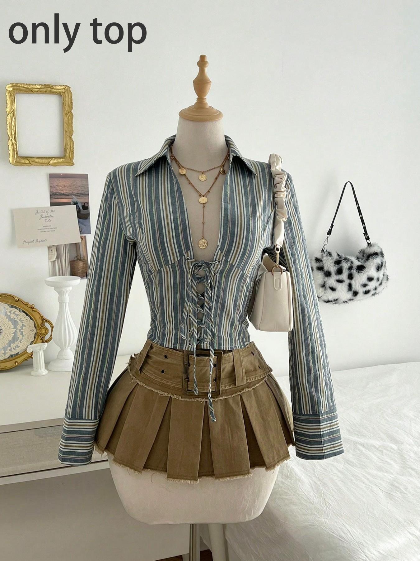 1 Piece  Retro Striped Waist-Cinched Shirt Set | Euro-Hong Kong Style | Deep V Drawstring + Slim-Fit Silhouette | Elegant Pick for Daily Commute / Coffee Dates （only top）