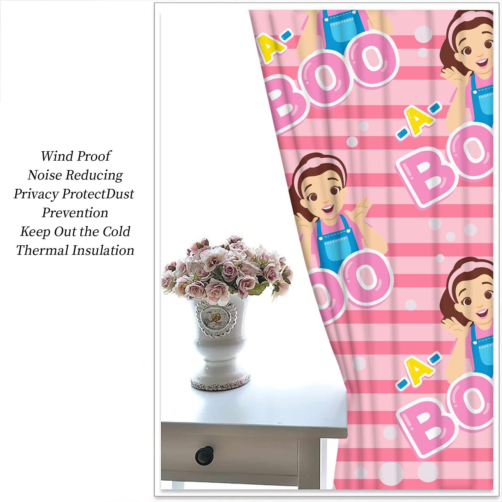 Pink Striped Peek-A-Boo Cartoon Character Blackout Curtain 2Pcs/Set, No Drill Rings, Washable Polyester Fabric, Suitable for Bedroom Living Room Kids Room Decor, Insulation, UV Protection, Best Gift