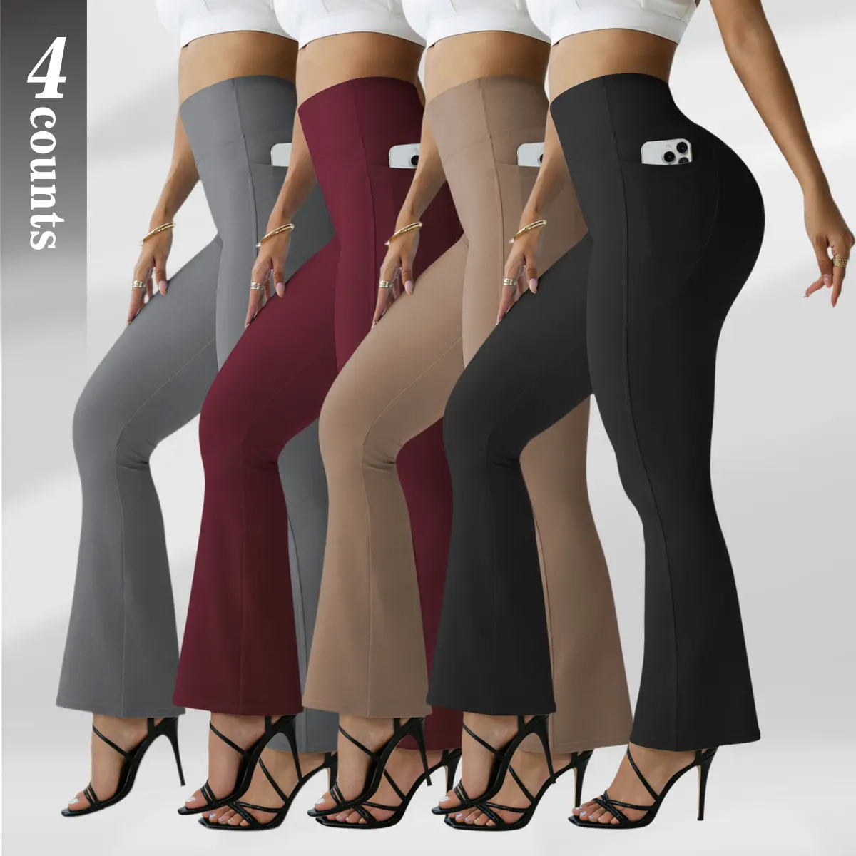 Women's High-Waist Flare Yoga Pants with Side Pockets - Stretch Bootcut Leggings, Soft Bell-Bottom Bottoms for Sports, Casual Wear