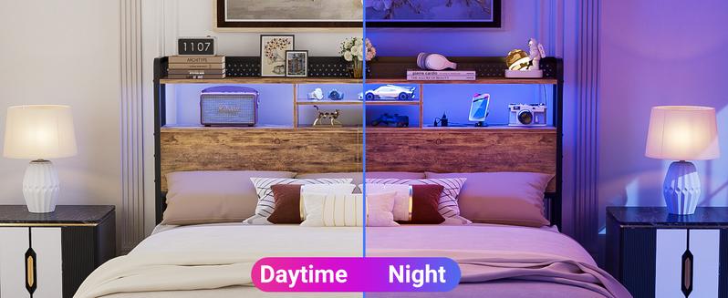 Homieasy Headboard for King Size Bed with Storage Shelf, Head board with 3 Outlets and 2 USB Ports, Headboards with RGB LED Light, Height Adjustable, Sturdy and Stable, Easy Assembly, Rustic Brown