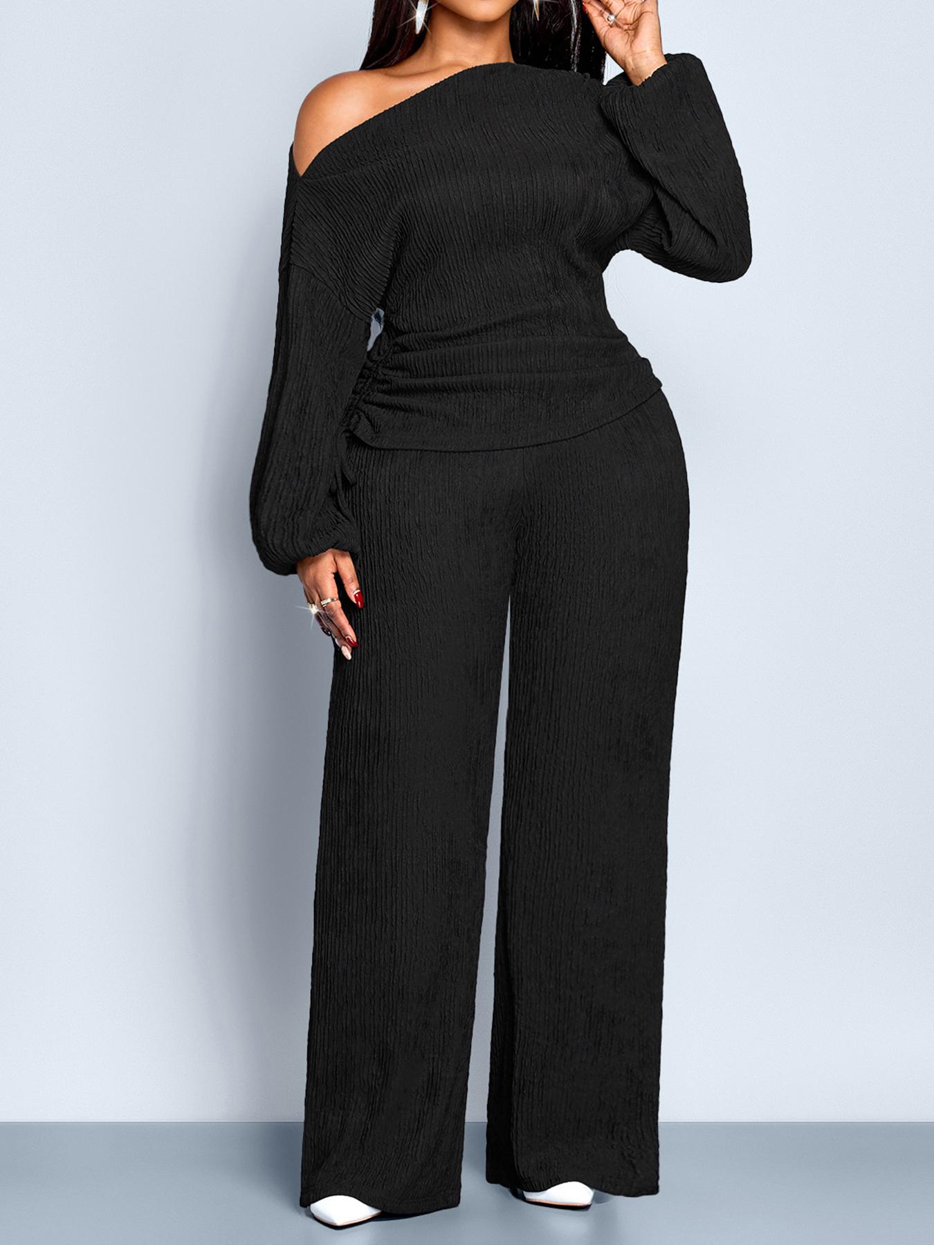 Women's Elegant Two-Piece Set, Fall & Winter Casual, Long Sleeve Drawstring Top & High Waist Wide Leg Pants, Plus Size
