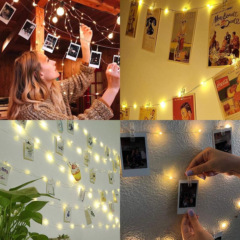50/100LEDs Photo Clips String Light, 16/33Ft Warm White Fairy Light with 50 Clear Clips, Copper Wire String Light Hanging picture, Bedroom Party Decor