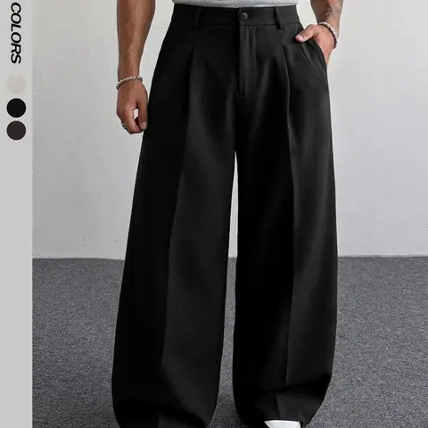 Men's Summer Suit Pants Loose Fit, Relaxed Fit Workwear, Minimalist, Oversized Wide Leg Pants Flat Front Business Trousers With Pocket Casual Plain Solid Color Soft Elastic Waist Office Daily Life Home Work Fashion Formal Outfits