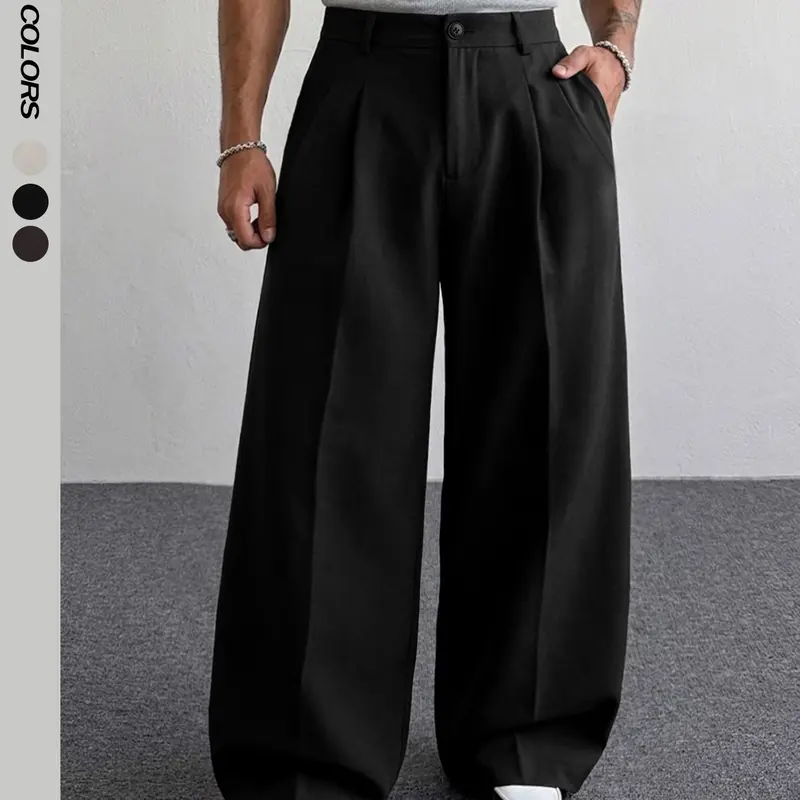 Men's Summer Suit Pants Loose Fit, Relaxed Fit Workwear, Minimalist, Oversized Wide Leg Pants Flat Front Business Trousers With Pocket Casual Plain Solid Color Soft Elastic Waist Office Daily Life Home Work Fashion Formal Outfits