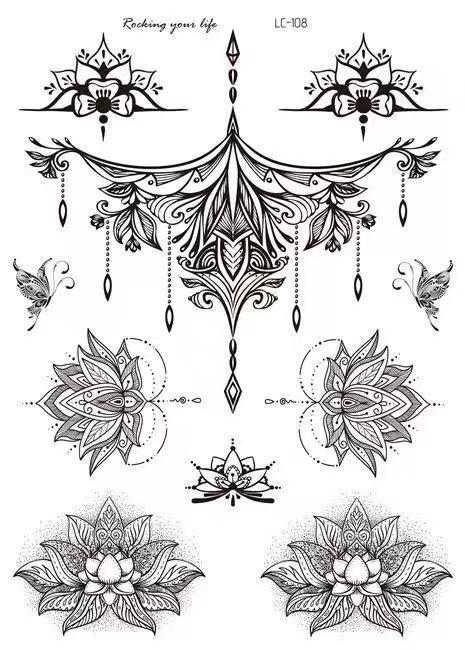 3 Pieces/Lot Unique Sexy Black Temporary Tattoo Stickers For Women Adults Feather Mandala Flower Body Art Large Big Arm Temp Tattoo Sheet Lace Indian Bridal Wedding Tatoo Dreamcatcher Paper OWL Water Proof Henna Stencils Henna Pen