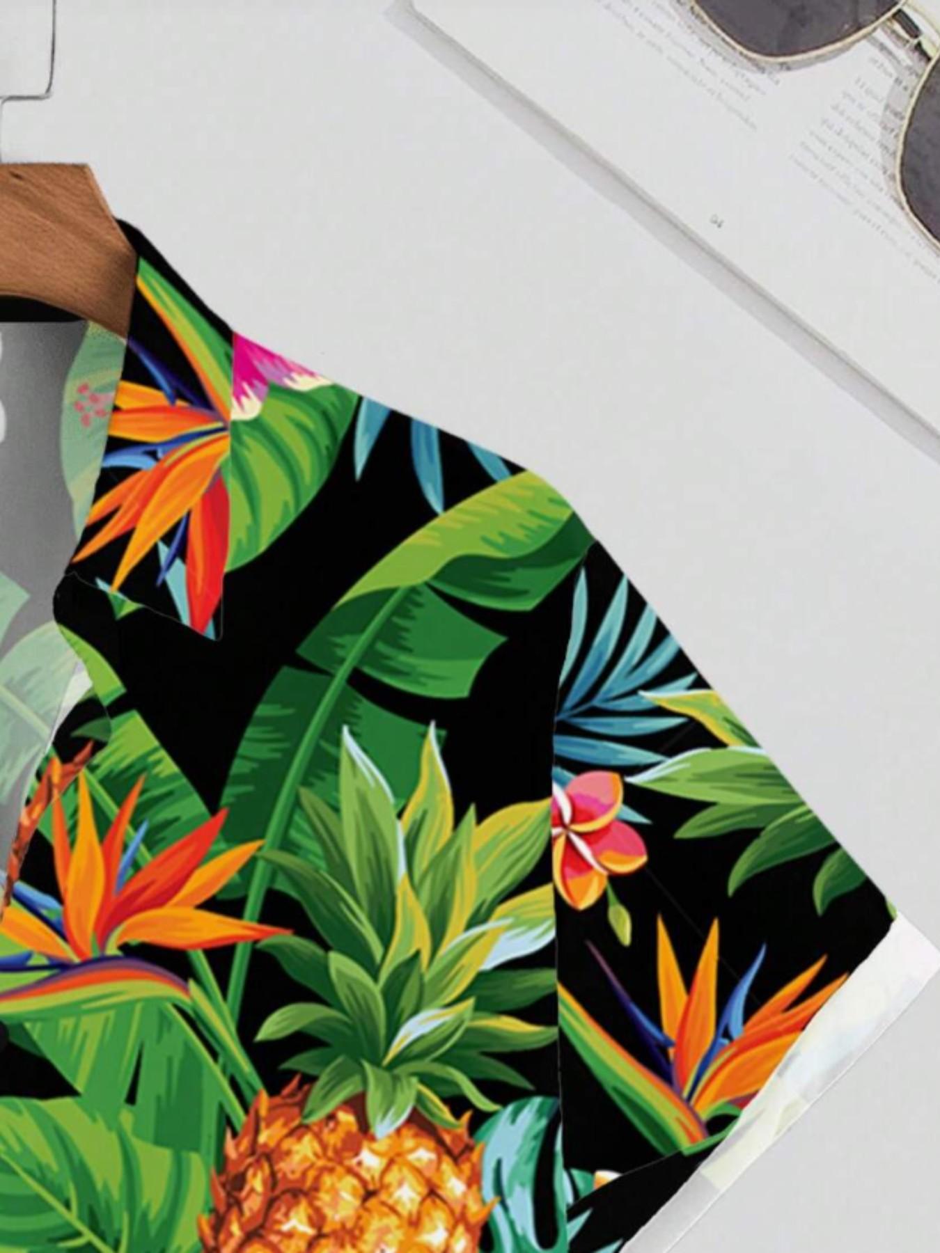 Men's Tropical Hawaiian Shirt, Vibrant Floral Pineapple Print, Short Sleeve Button-Up, Loose Fit, Spring & Fall, Casual Shirt